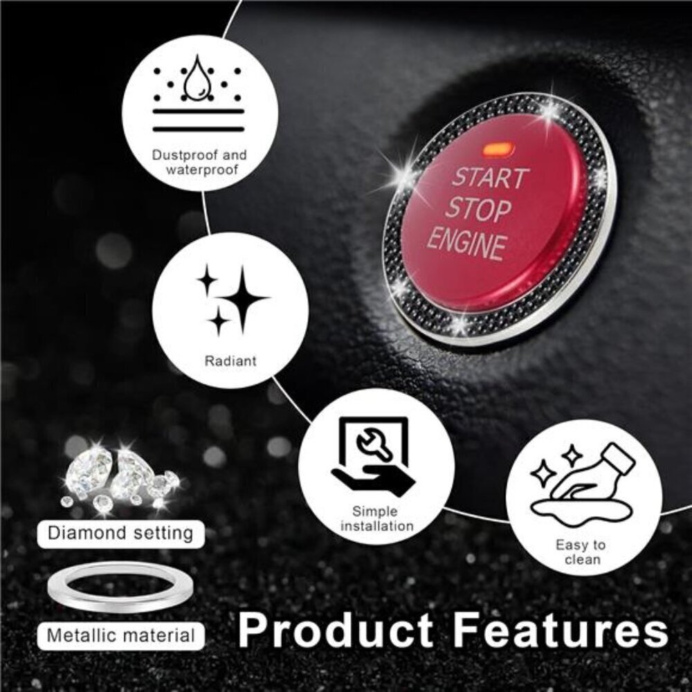 Car Start Button Bling Rhinestone Diamond Engine Button Ring 2-Pack Double Black - Picture 5 of 7